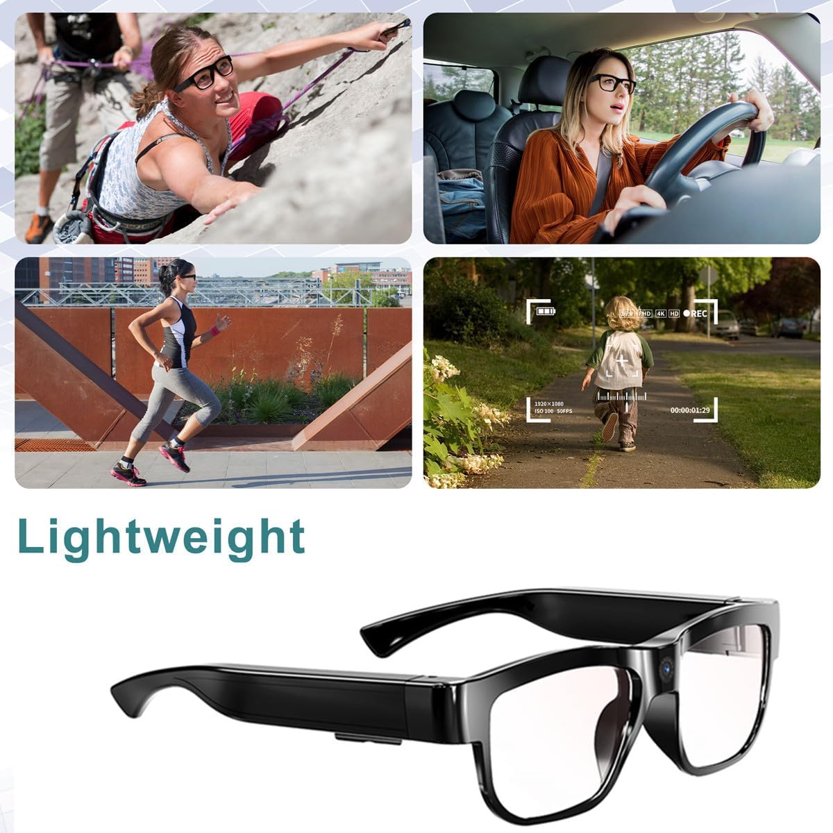 Camera Glasses Video Glasses HD Smart Glasses Recording Outdoor Sport Glasses with Camera Wearable Eyeglass Built-in 32G Memory Card only Open on Computer