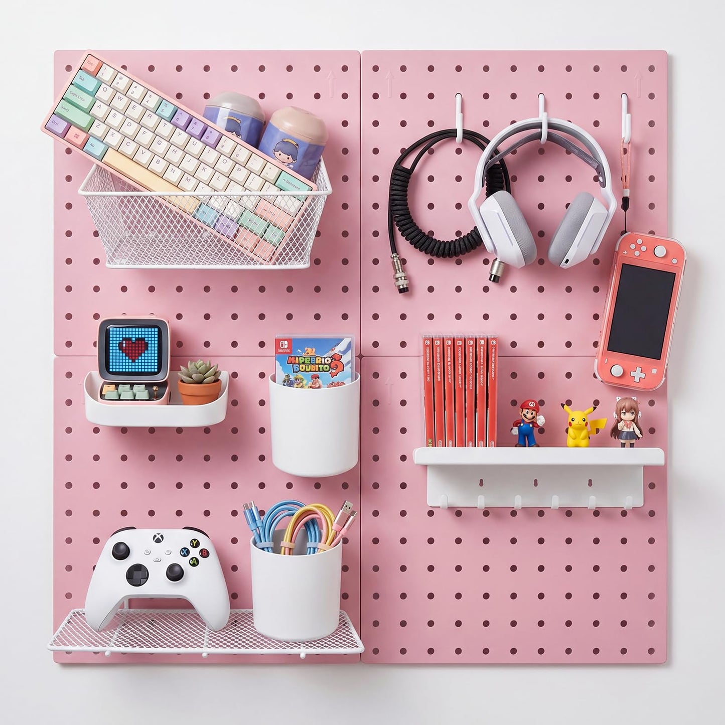Pegboard Wall Organizer, 4 x11” x 11” ABS Peg Board Wall Organizer with Hooks, Shelves & Baskets, Drill or Adhesive Mount, 110 lbs Heavy Duty Wall Storage for Kitchen, Garage, Bathroom, Office (Pink)