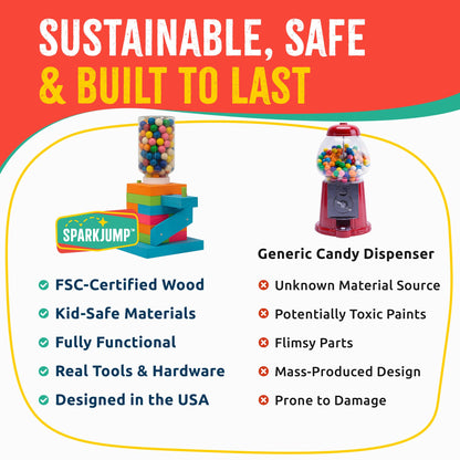SparkJump Candy Dispenser Woodworking Kit – Complete STEM Building Kit for Kids with FSC-Certified Wood, Paints & Tools, DIY Gumball Machine Craft for Boys & Girls, Ages 6+