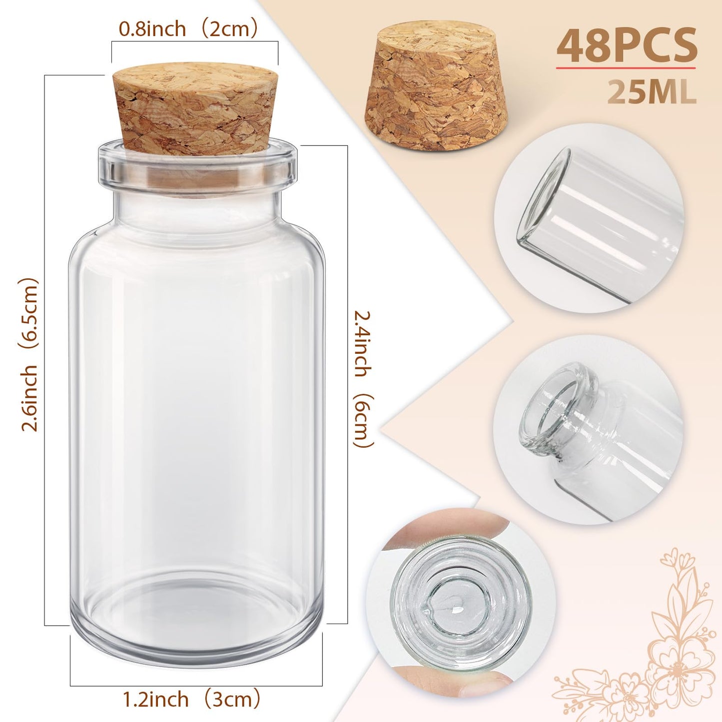OurWarm 48PCS 25ml Clear Glass Bottles with Cork Stoppers, Mini Small Vials for Wedding Favors, DIY Crafts, Baby Shower
