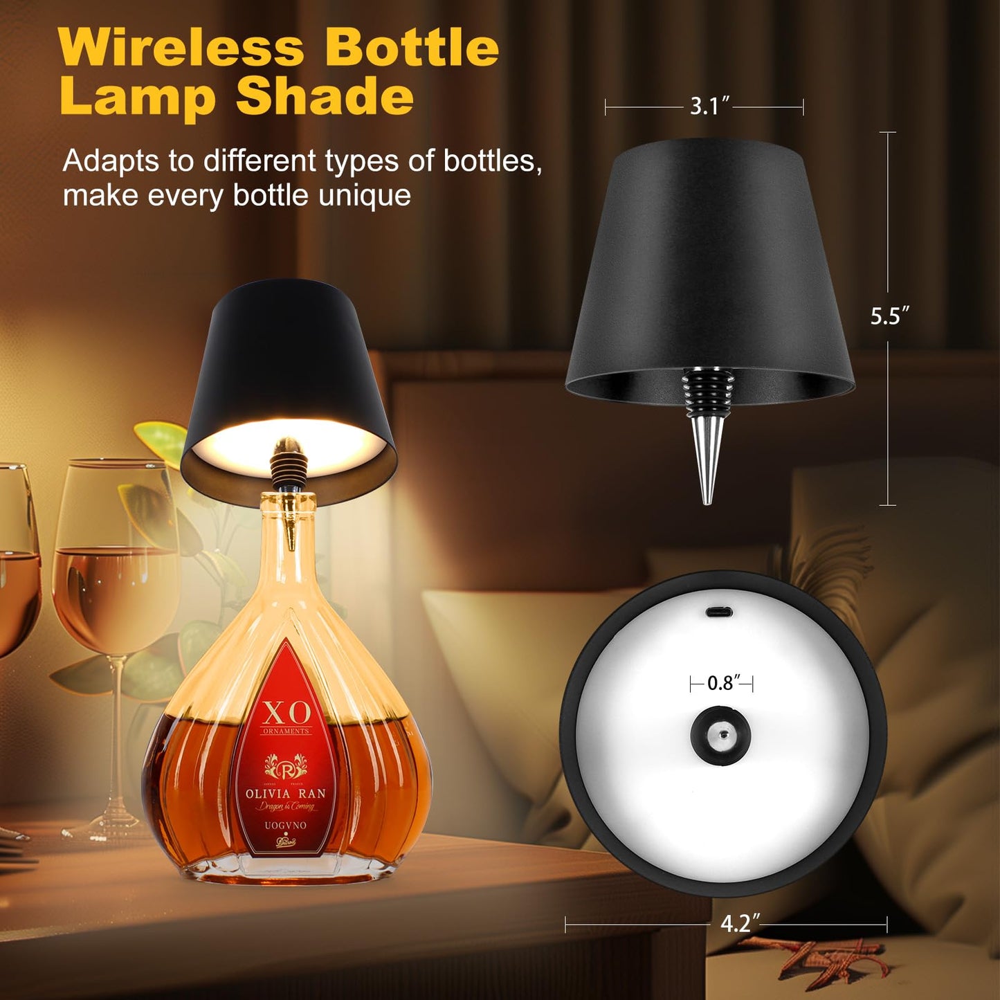 SOUDFK Wireless Bottle Lamp, 2025 New 3 Color Rechargeable Wine Bottle Lights for Bars Restaurants (Black, 1PC)
