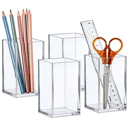 Amazing Abby - Penelope - 4-Pack Pen Holder, Acrylic Pen Holder, Clear Plastic Organizer for Office Supplies, Perfect Office Desktop Storage Solution for Pencils, Pens, Markers, Scissors, and More