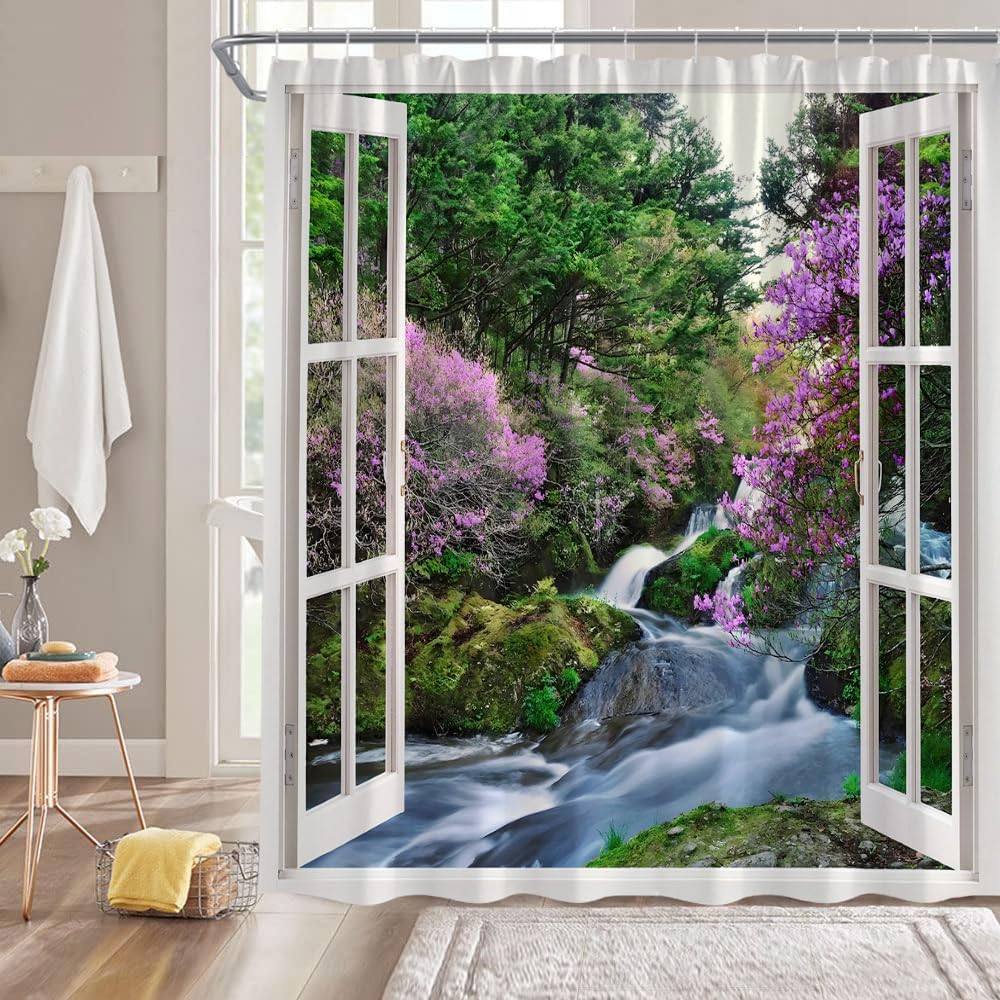Waterfall Shower Curtain, Nature Green Forest Pink Purple Floral Landscape Bathroom Decor Fabric Curtain with Hooks