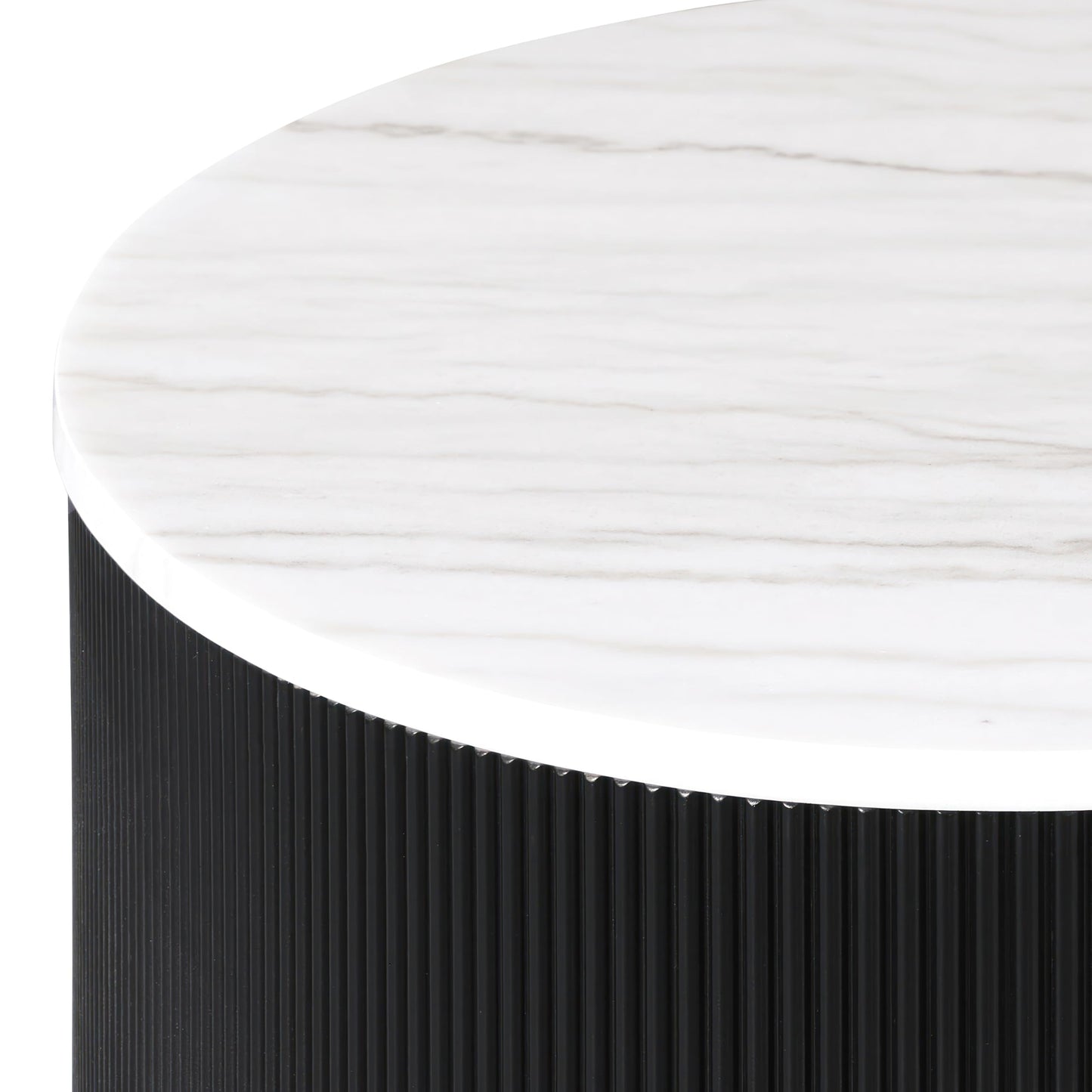 Furniture of America Beryl Modern Round White Genuine Marble Top Coffee Table with Fluted Pedestal Base and Gold Stainless Steel Accent, Low Profile Table for Living Room, Home Office, Black