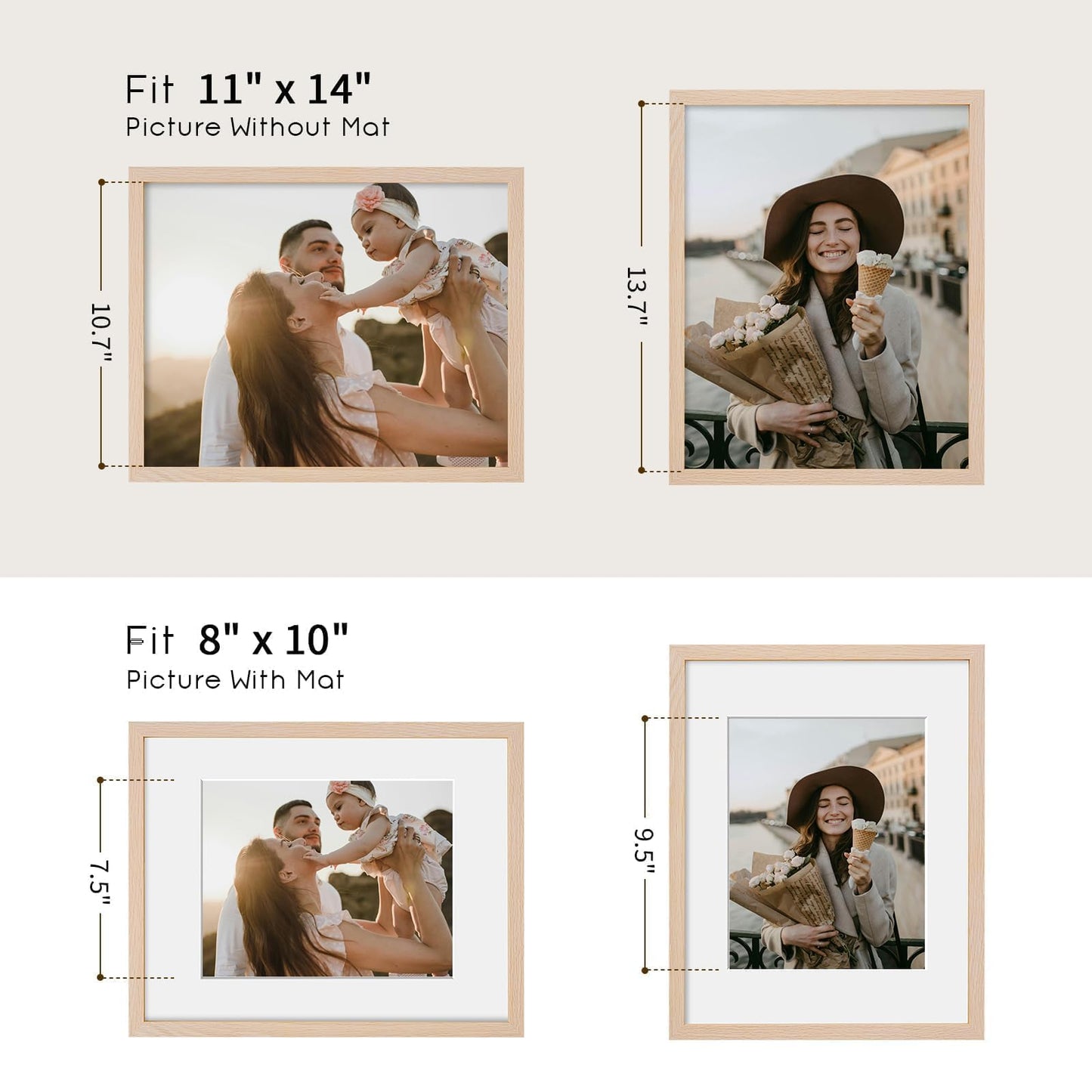 puthiac 11x14 Solid Oak Wood Picture Frame, Fits 8x10 with Mat or 11x14 Without Mat, Wall Display Only, Vertical or Horizontal, Plexi Front, 1 Pack, Natural Oak