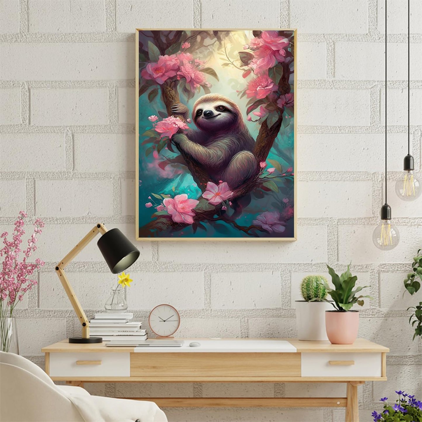 Christmas Sloth on Tree Pink Flowers Diamond Painting Kit Full Round Gemstone Crystal Diamond Art Kits Diamond Painting for Home Decor Wall Decor 12x16 inch for New Year, Valentine's Day Gifts