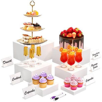 6PCS Buffet Risers with Mini Sign and Marker, Food Risers for Buffet Table, Catering Dessert Cake Stand for Party, Display Riser for Collectibles, Dessert Table Display Set, Acrylic Boxes Nesting Risers, White (5"x6"x7"8"x9"x10")