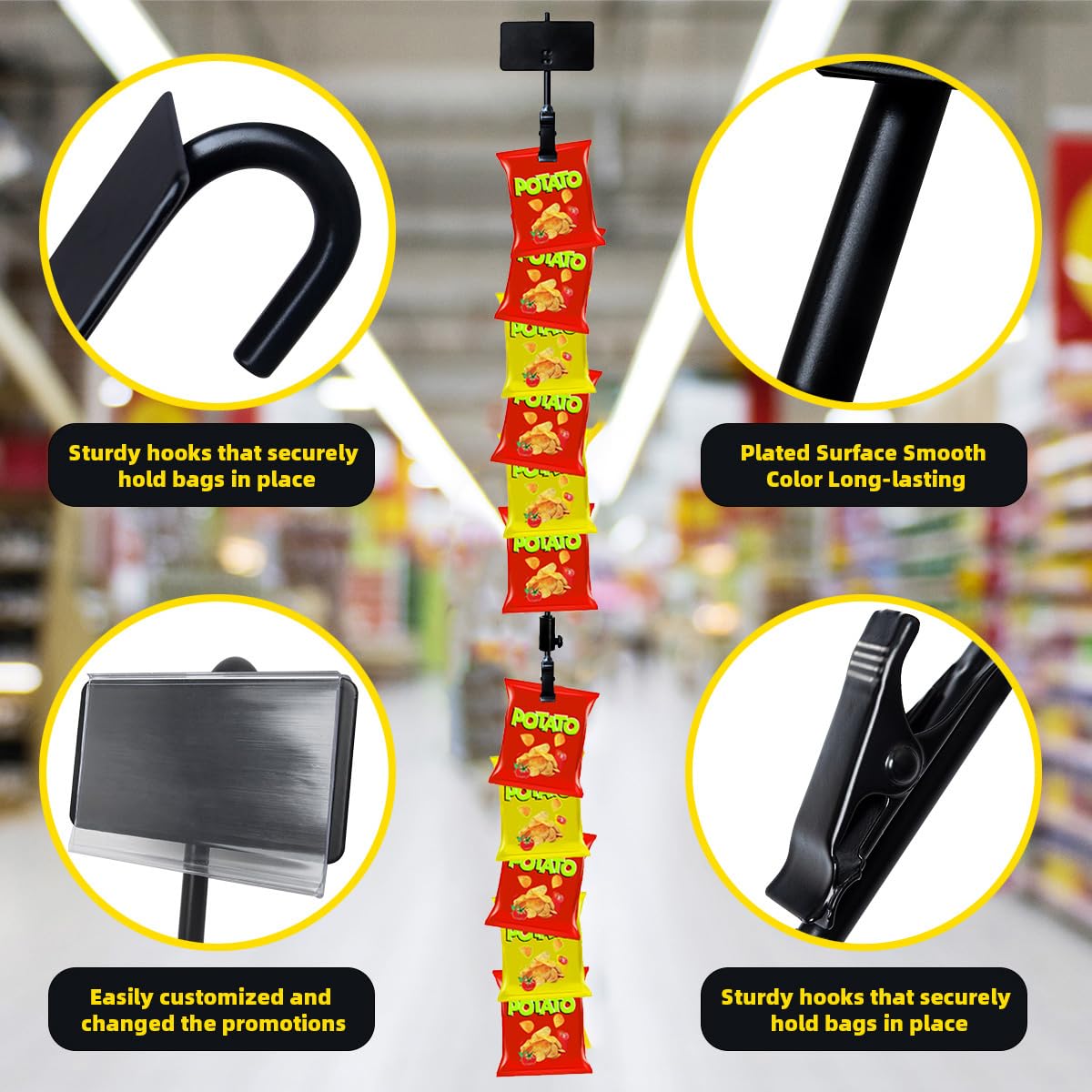 Dafftos Hanging Merchandise Strips with Hooks Chip Display Rack Stands Potato Bag Holder 12 Clips for Retail 32 inches Displaying Black Label Headers Card Snacks Metal 4 Pack