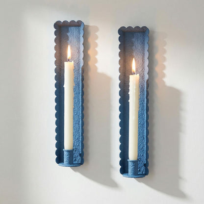 AimtoHome Blue Wall Candle Sconces Set of 2, Scalloped Edge Box-Shaped Cast Iron Farmhouse Church Holders for Taper Candles, Wall Mounted Rustic Candle Sconce for Living Room, Dining Room Decor