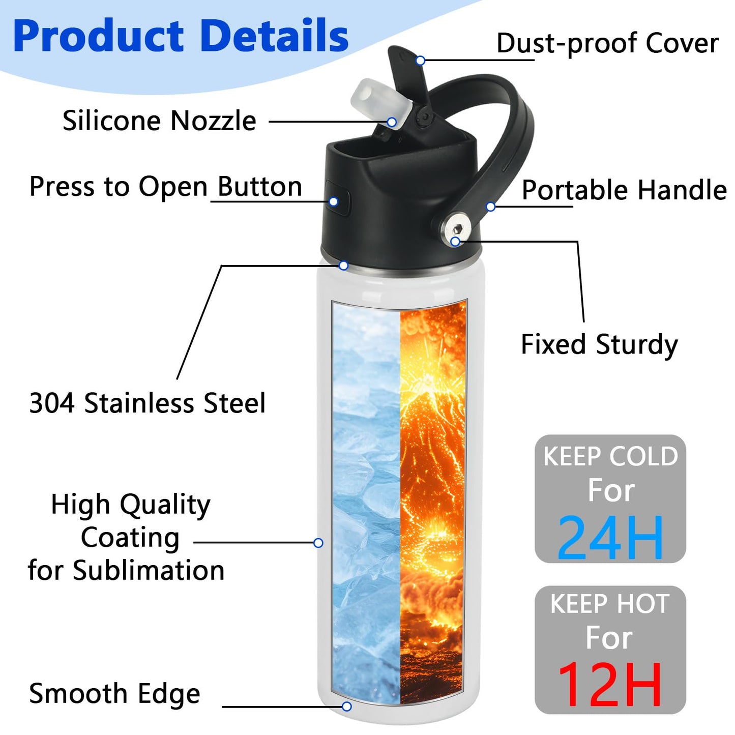 Draheri Sublimation Sports Water Bottle Blanks, 22 oz Sublimation Tumblers Bulk, Stainless Steel Insulated Tumblers with Leak Proof Lid and Portable Handle, Individually Boxed (8 Pack)