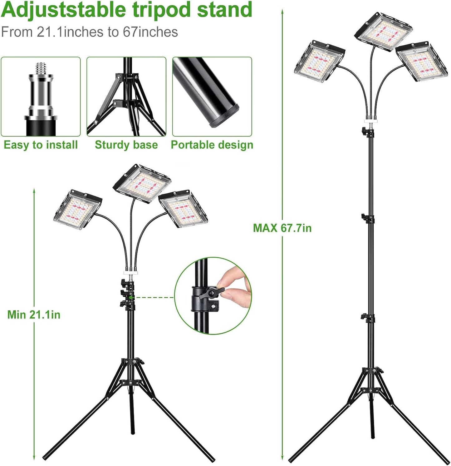 LBW 150 3/6/12H 6 Dimmable 3 15-63 inches Grow Light with Stand, Tri-Head LED Plant Light for Indoor Plants, Full