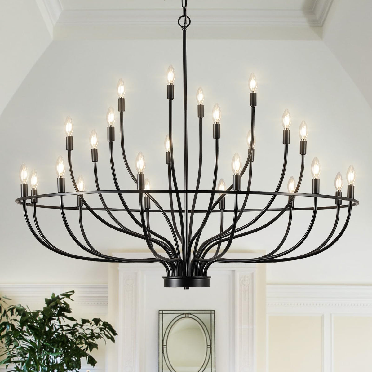 FookChak 24 Light Black Chandelier 51'' Large Candle Chandeliers for High Ceiling Foyer Modern Farmhouse Chandelier Light Fixture for Large Living Room Dining Room Stairs Entry Restaurant Hotel