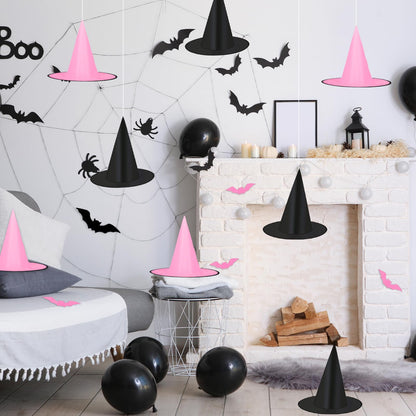 JarThenaAMCS 12Pcs Halloween Witch Hats with 16Pcs 3D Bat Stickers 109 Yard Hanging Rope Pink Black Hanging Witch Caps for Home Party Decoration