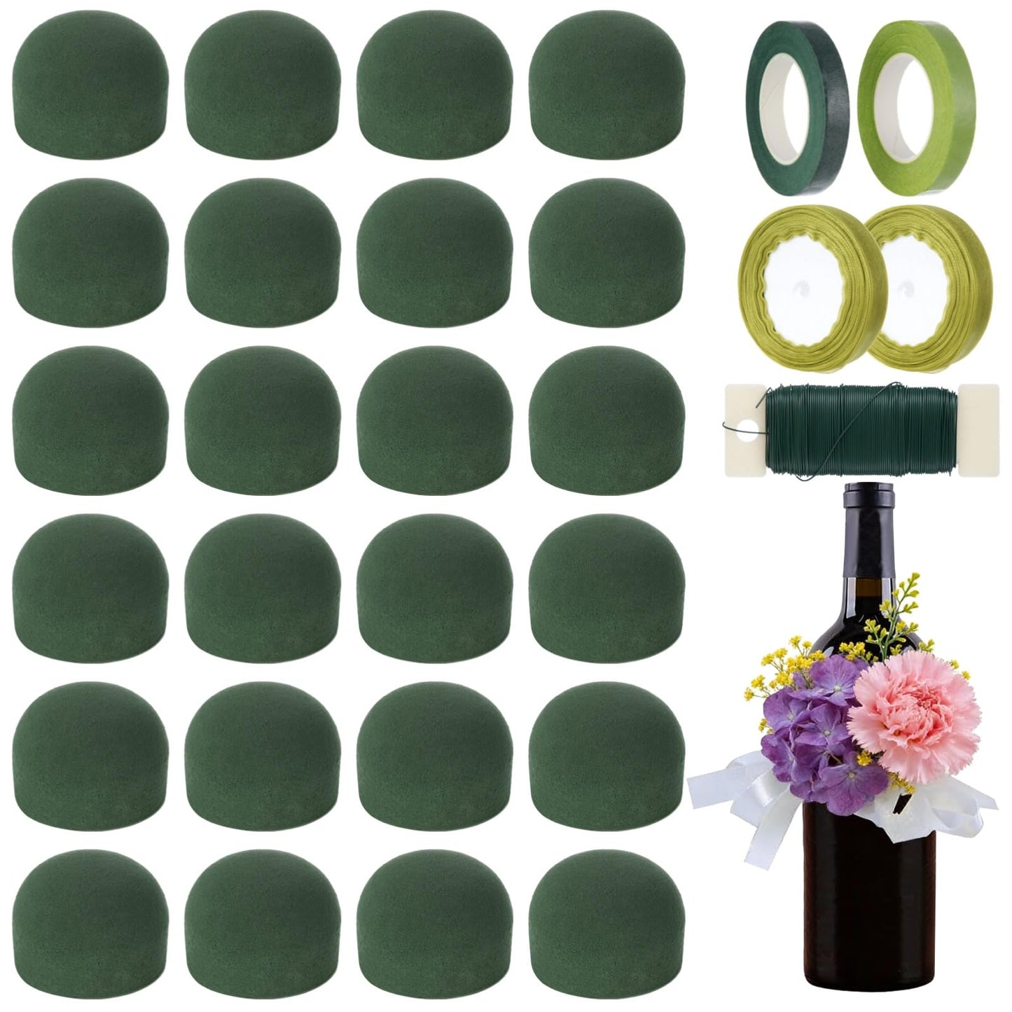 24 Pcs Mini Floral Foam Holder Set, Round Floral Foam Blocks with Florist Wire, Green Tape and Ribbon, Flower Arrangement Supplies for Wine Bottle Decor, DIY Craft