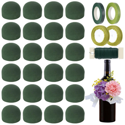 24 Pcs Mini Floral Foam Holder Set, Round Floral Foam Blocks with Florist Wire, Green Tape and Ribbon, Flower Arrangement Supplies for Wine Bottle Decor, DIY Craft