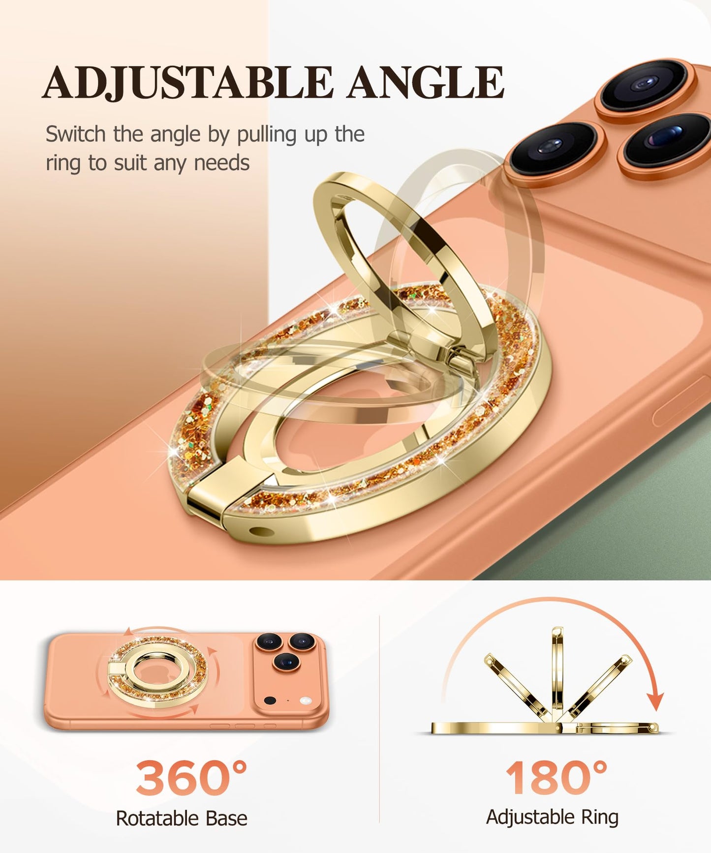 GVIEWIN Magnetic Phone Ring Holder, Compatible with MagSafe Phone Grip with Adjustable Stand, Magnet Phone Ring Kickstand for iPhone 17/16/15/14/13/12 Pro Max Plus Air/Other Phones (Glitter/Silver)