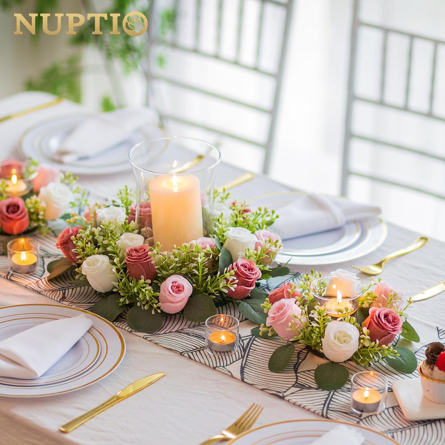 NUPTIO Flower Candle Rings for Centerpieces: 13.4 Inch Artificial Rose Wreath for Wedding Party Christmas - Dusty Rose & White Wreaths for Spring Summer Front Door Porch Table Decor 2 Pcs