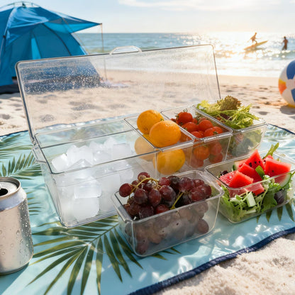 Pesilo Ice Chilled Condiment Server, 5 Removable Compartments Condiment Containers with Lids Drain Plug, Clear Garnish Tray Serving Platter Holder for Caddy Fruit Snack Sauce Taco Salad Bar Supplies
