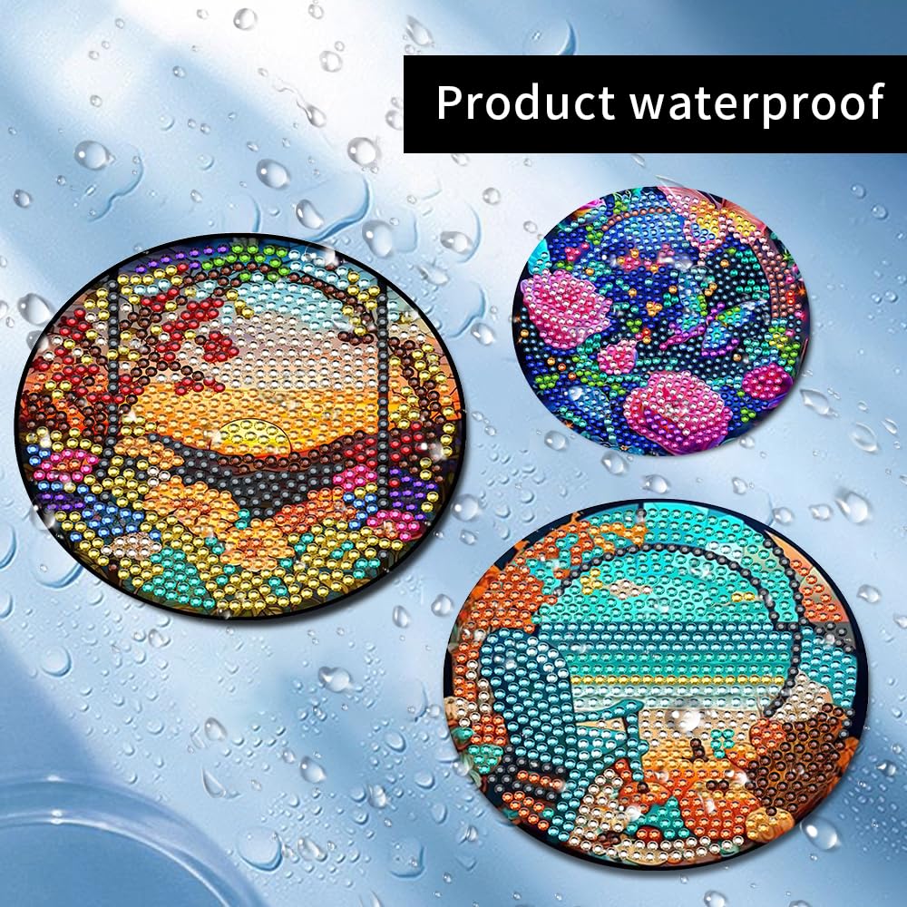 8 Pcs Diamond Art Painting Coasters with Holder, DIY Colorful Glass Stain Diamond Art Painting Kits for Beginners, Diamond Craft Supplies for Adults Kids Coasters Gift