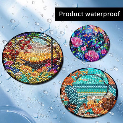 8 Pcs Diamond Art Painting Coasters with Holder, DIY Colorful Glass Stain Diamond Art Painting Kits for Beginners, Diamond Craft Supplies for Adults Kids Coasters Gift