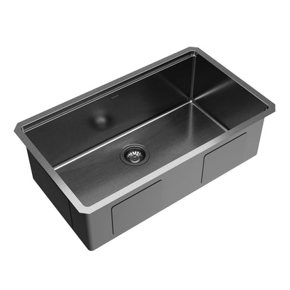 Karran Elite 32 Inch Gunmetal Black Workstation Kitchen Sink, 16 Gauge Nano PVD Stainless Steel Undermount Sink, Deep Single Bowl with Grid, Cutting Board, Drying Mat & Strainer