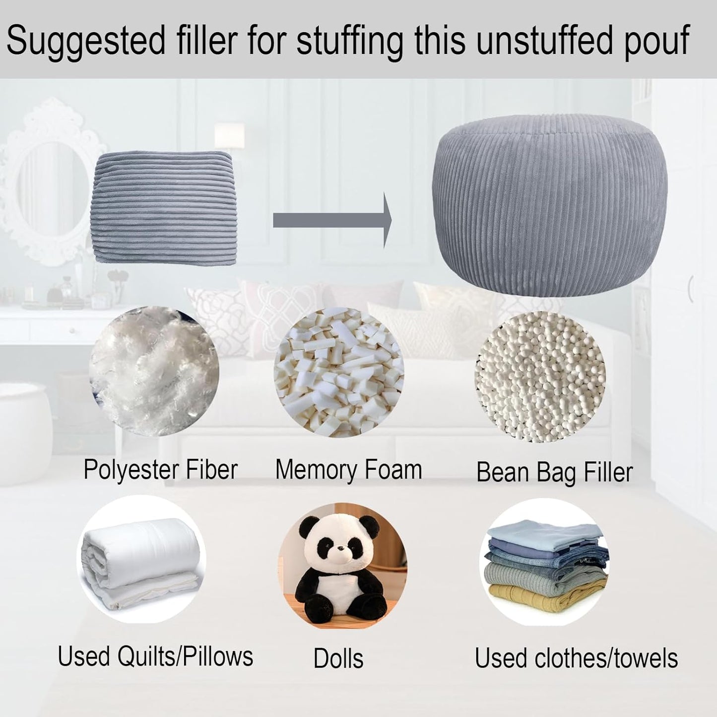 Sanmudecor Unstuffed Ottoman Pouf Cover, Foot Rest Cover, Bean Bag Chair Cover (Gray)