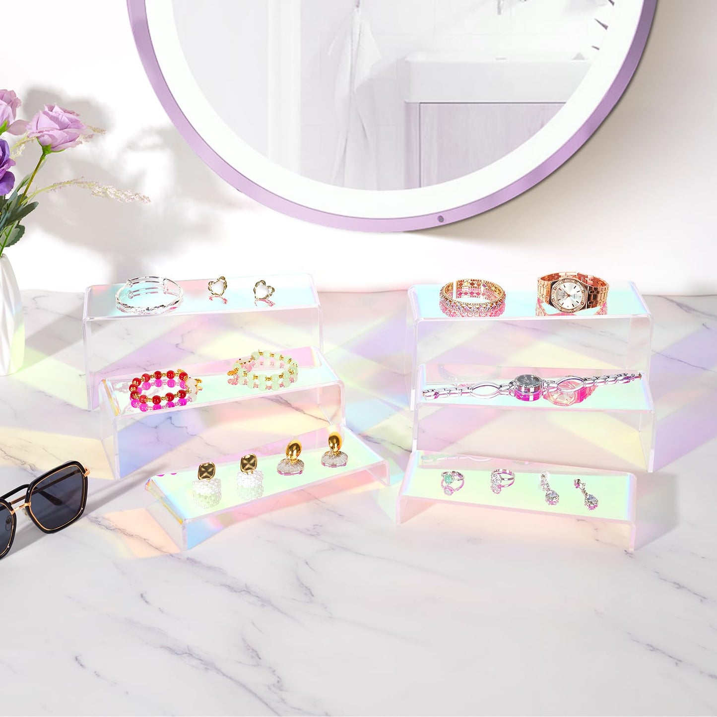 6pcs Iridescent Acrylic Display Risers, Rainbow Display Stand Set for Collectible Figures Jewelry Perfume Organizer, 3 Sizes Rectangular Stands for Candy Dessert Cupcake, Vendor Booth Retail Showcase
