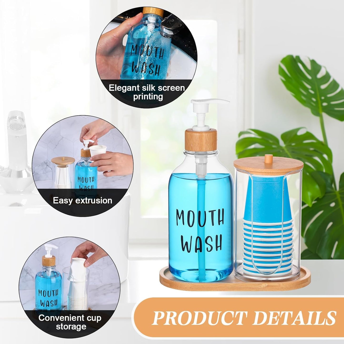 1 Set 17 Oz Mouthwash Dispenser for Bathroom Refillable Mouth Wash Pump Bottle Paper Cup Holder with Bamboo Lid