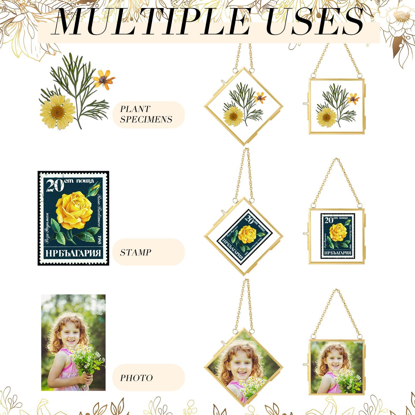 DoubleFill 12 Pcs Hanging Clear Photo Frame Double Glass for Pressed Flower Floating Frame with Chain Display Gallery Artwork Horizontal Vertical Gold Metal Rectangle Wall Decor(3 x 3 Inch)