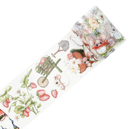 WT Pre-Cut Squeaky Mischief Wide PET Tape, 1 Roll, Original Playful Cartoon Mice & Whimsical Garden Designs, Transparent Clear Adhesive Tape for Scrapbooks, Junk Journals, Planners, DIY Crafts & Gifts