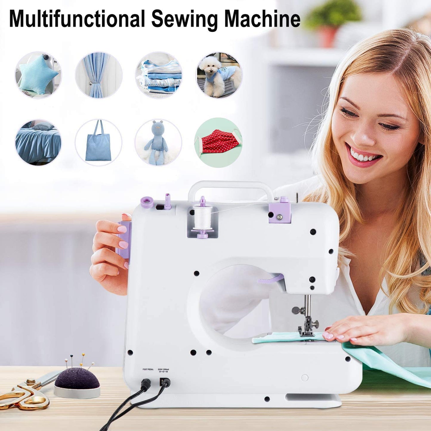 Dechow Sewing Machine for Beginners, Electric Mini Portable, 12 Built-in Stitches with Reverse Sewing, 2 Speeds Double Thread with Foot Pedal, Storage Bag, Cotton Fabric and Threads(Purple)