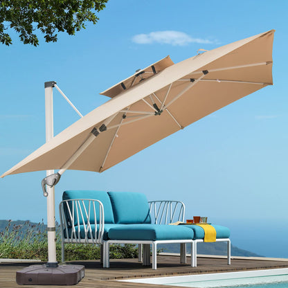 Mojia Cantilever Patio Umbrella with Cross Base and Cover Included - 360° Rotation Large Heavy Duty Offset Outdoor Umbrella with Easy Tilt for Pool Backyard Deck Garden (10x10 FT Khaki)