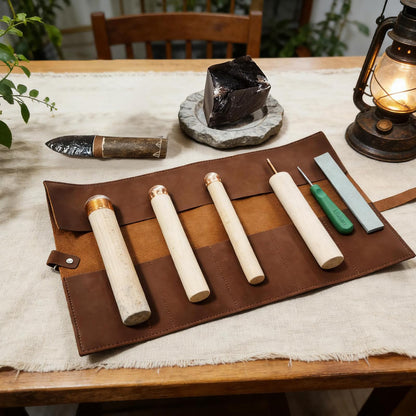 7Pcs Obsidian Crafting Flint Knapping Tools Kit with 3 Copper Hammers, 2 Pressure Flakers, 1 Abrading, 1 PU Leather Bag, Dragon Crystal Stone Age Toolkit, Flint Napping Tools for Pros and Beginners