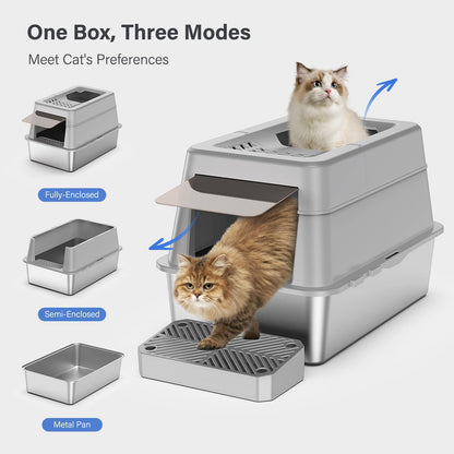 Aphyxen Stainless Steel Litter Box with Lid, XL Extra Large Enclosed Cat Litter Box for Big Cats 110° Flip Cover, Top Entry Metal High Sided Cat Box & Pedal & Scoop, Anti-Leakage (Grey)