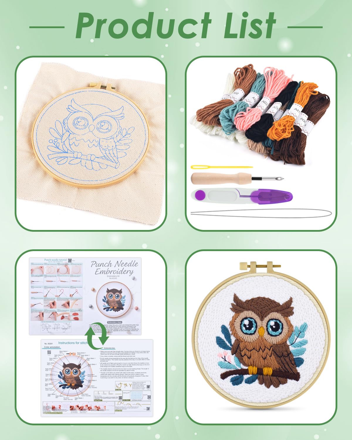 ERKOON Punch Needle Kit for Beginners Adults, DIY Easy Animal Embroidery Set for Starter Art Craft, Needling Punch Project with Patterns, Tools, Yarns, Hoop, Instruction (Owl)