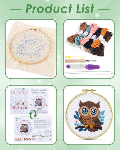 ERKOON Punch Needle Kit for Beginners Adults, DIY Easy Animal Embroidery Set for Starter Art Craft, Needling Punch Project with Patterns, Tools, Yarns, Hoop, Instruction (Owl)