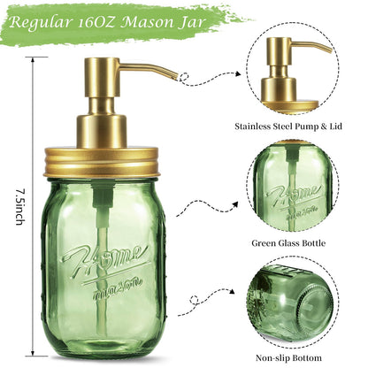 Amolliar Mason Jar Liquid Soap Dispenser, 16OZ Green Glass Hand Soap Holder, Stainless Steel Pump Lid, Refillable Lotion Dispenser, Countertop Bathroom Accessories, Kitchen Dish Soap (2 Pack, Gold)