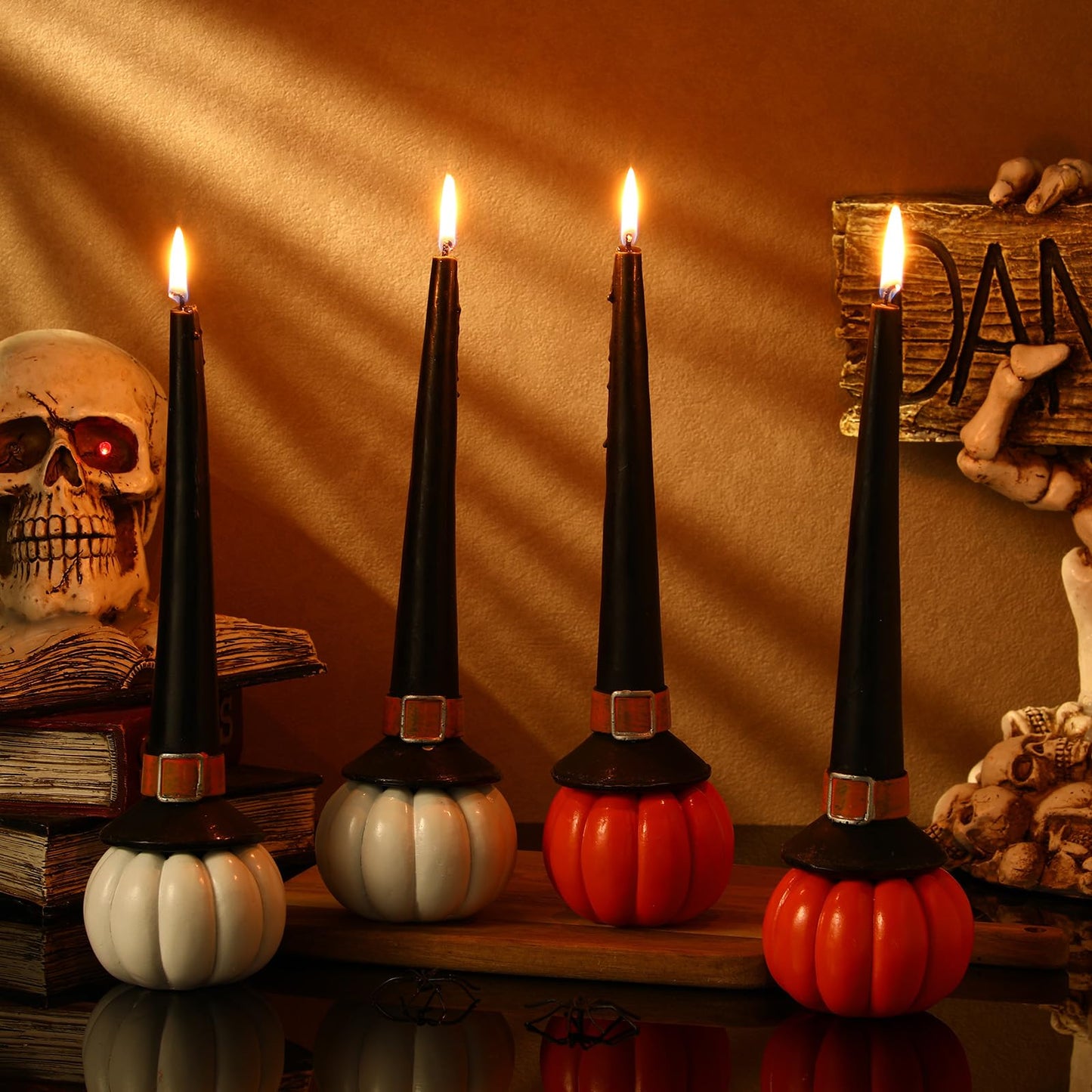 Conelist 4 Pieces Halloween Witch Hat Candles Halloween Black Taper Flickering Candles for Party Decoration Dinner Party Holiday Decor