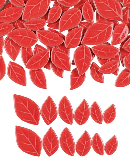 200g Mixed Sizes Leaves Mosaic Tiles for Craft Bulk, Small Ceramic DIY Stepping Stone Kit, Glazed Porcelain Tiles for Coasters Lamp Bathroom Decorations (Red)