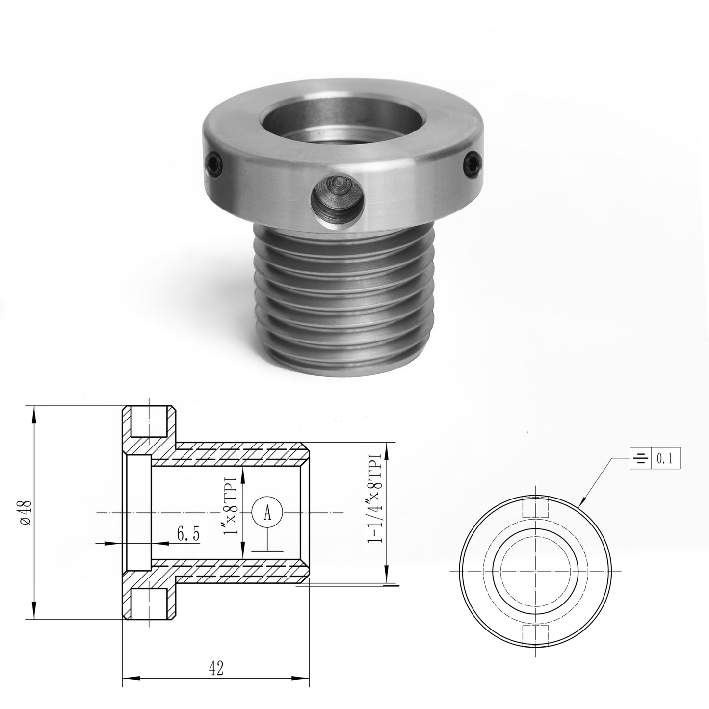 1"x8TPI Female to 1-1/4"x8TPI Male Thread Adaptor for Woodworking Lathe Headstock Spindle Woodturning. Fitted with jackscrews for safety reverse turning.
