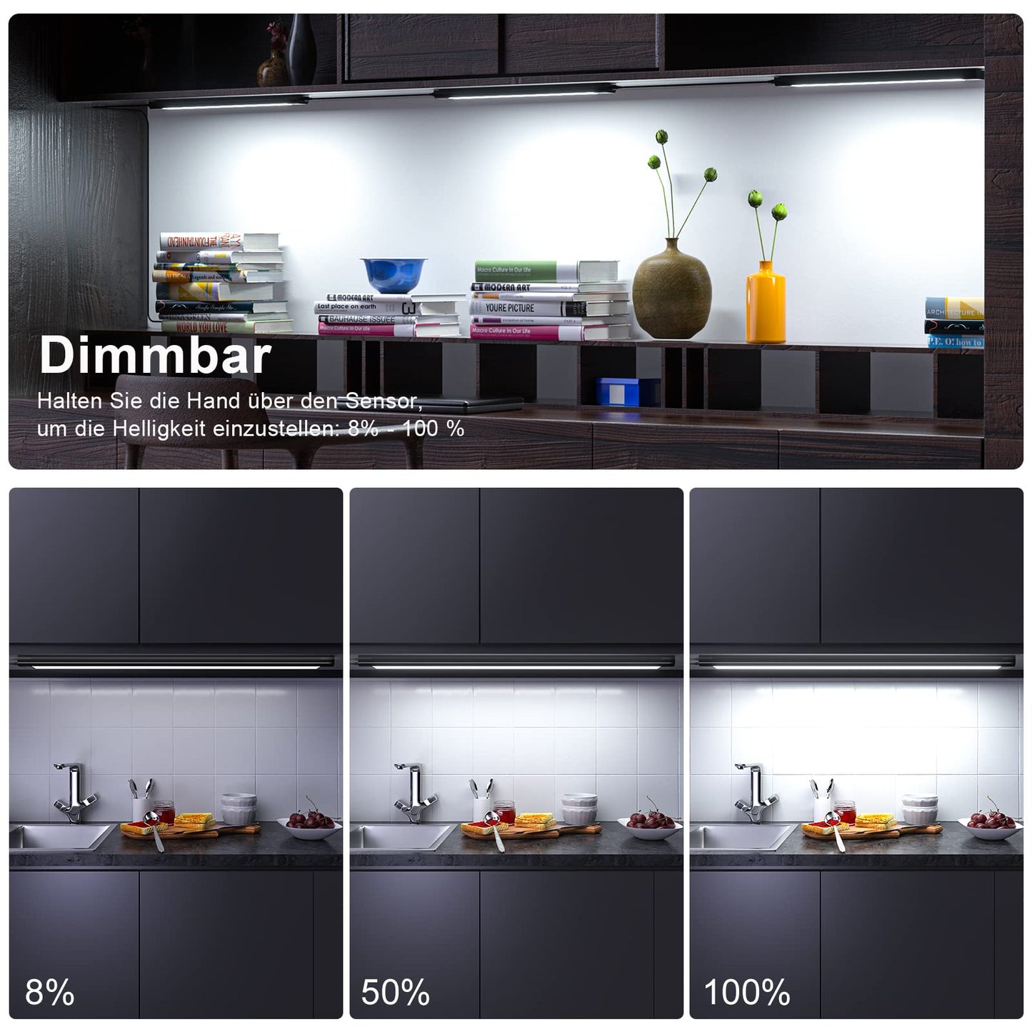 WOBANE Under-Unit Light Kitchen LED Dimmable, Hand Motion Activated, Bright Light Strip with Sensor, 3 x 30 cm LED Kitchen Lighting Under-Unit, Cool White Base Cabinet Lighting for Shelves, Wardrobe