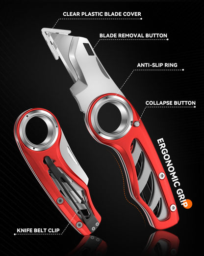 Folding Utility Knife Pocket Knife, Heavy-Duty Box Cutter with Anti Slip Finger Loop, Quick Change Blade Razor Knife, Box Cutters for Home, Office, Warehouse, Durable Razor Knife, Box Knife (Red)