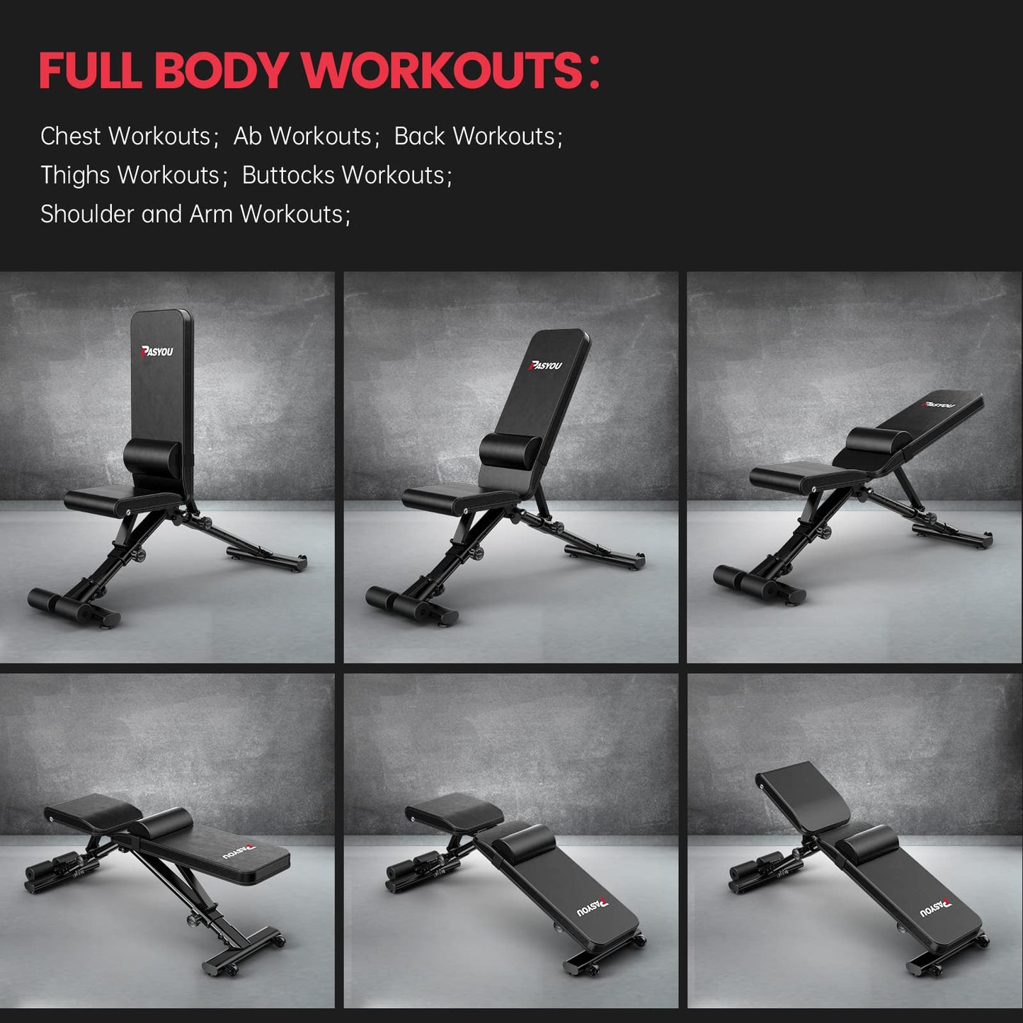 PASYOU Adjustable Weight Bench Full Body Workout Multi-Purpose Foldable Incline Decline Exercise Workout Bench for Home Gym