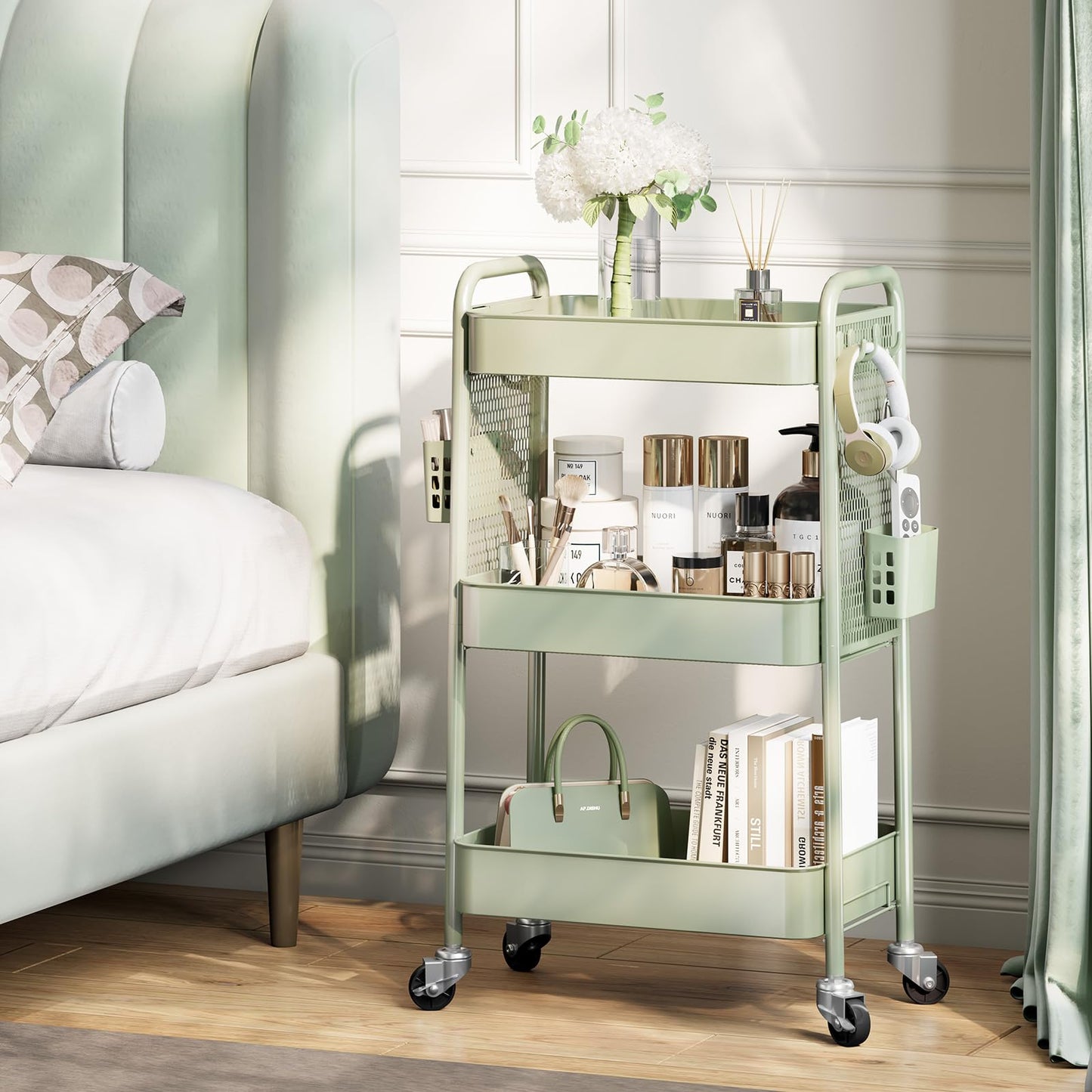 TOOLF 3 Tier Rolling Cart Storage Organizer, Metal Rolling Utility Cart with Wheels, Hooks & Bins Esthetician Craft Art Sturdy Storage with Pegboard for Bathroom, Kitchen, Office, Nursery Diaper