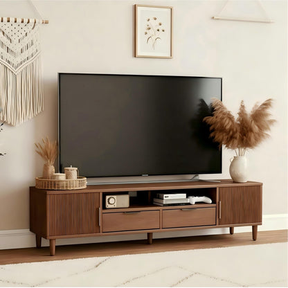 CycleCrew Mid Century Modern TV Stand for TVs Up to 70 in- Wooden Fluted Entertainment Center Low Profile TV Console with 2 Cabinet, Drawers and Shelf, Media Console for Living Room