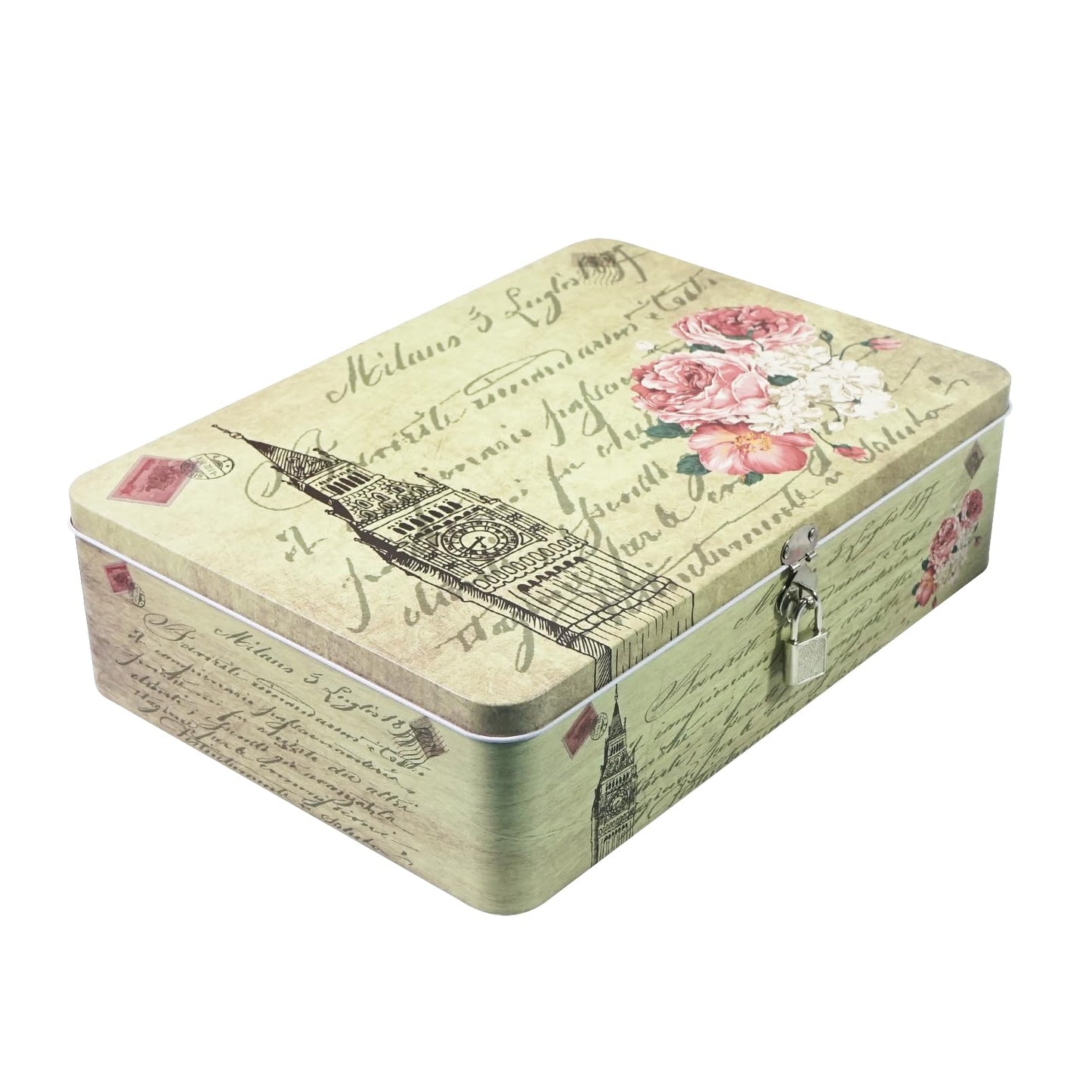 DreamsEden Decorative Keepsake Box with Hinged Lid and Small Lock, Large Letter Size, Tin Sheet Metal - Storage Memory Box for Keepsakes, Cards, Letters, Seed, Kids Gifts