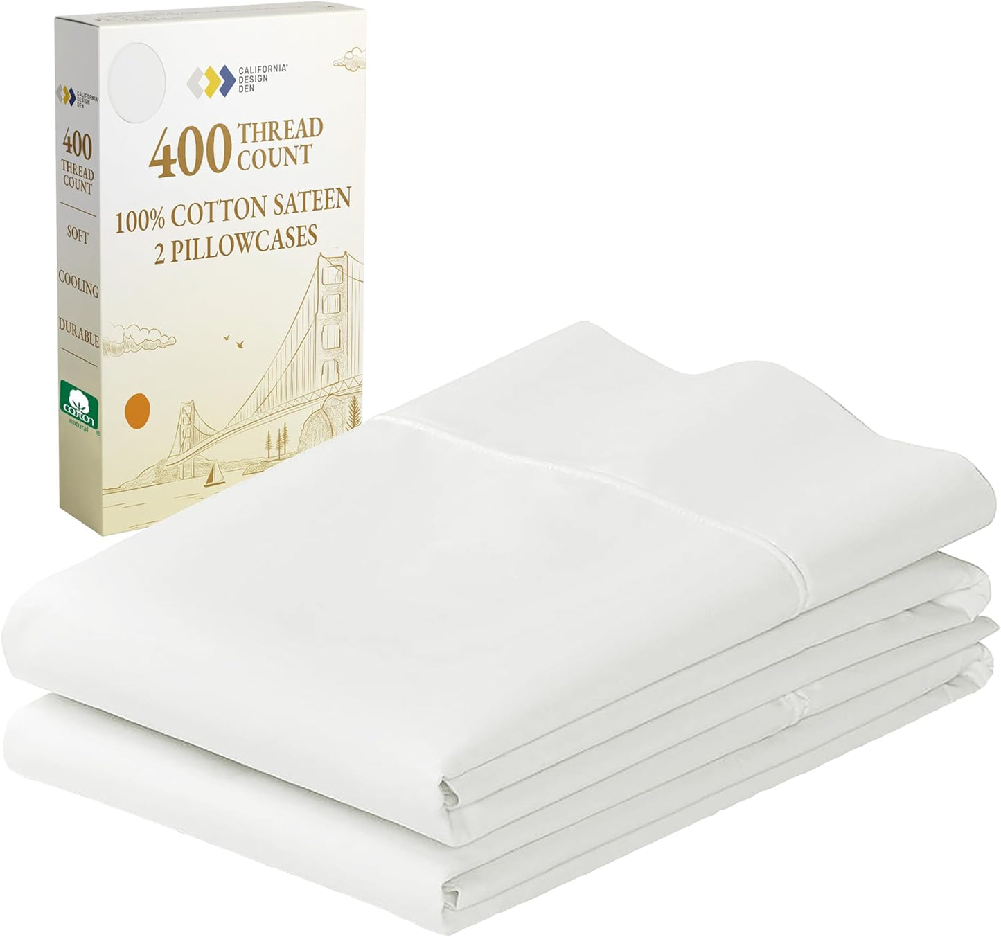 California Design Den Standard Queen Pillowcase Set - 400 Thread Count, 100% Cotton Sateen, Set of 2, Pale Ivory