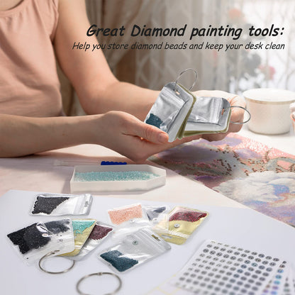 200 Pieces Diamond Painting Accessories Diamond Painting Tools Kit Storage Container Art Resealable Bags with 4 Round Binding Rings, 5 Sheets Number Stickers and 5 Sheets Sticker Label