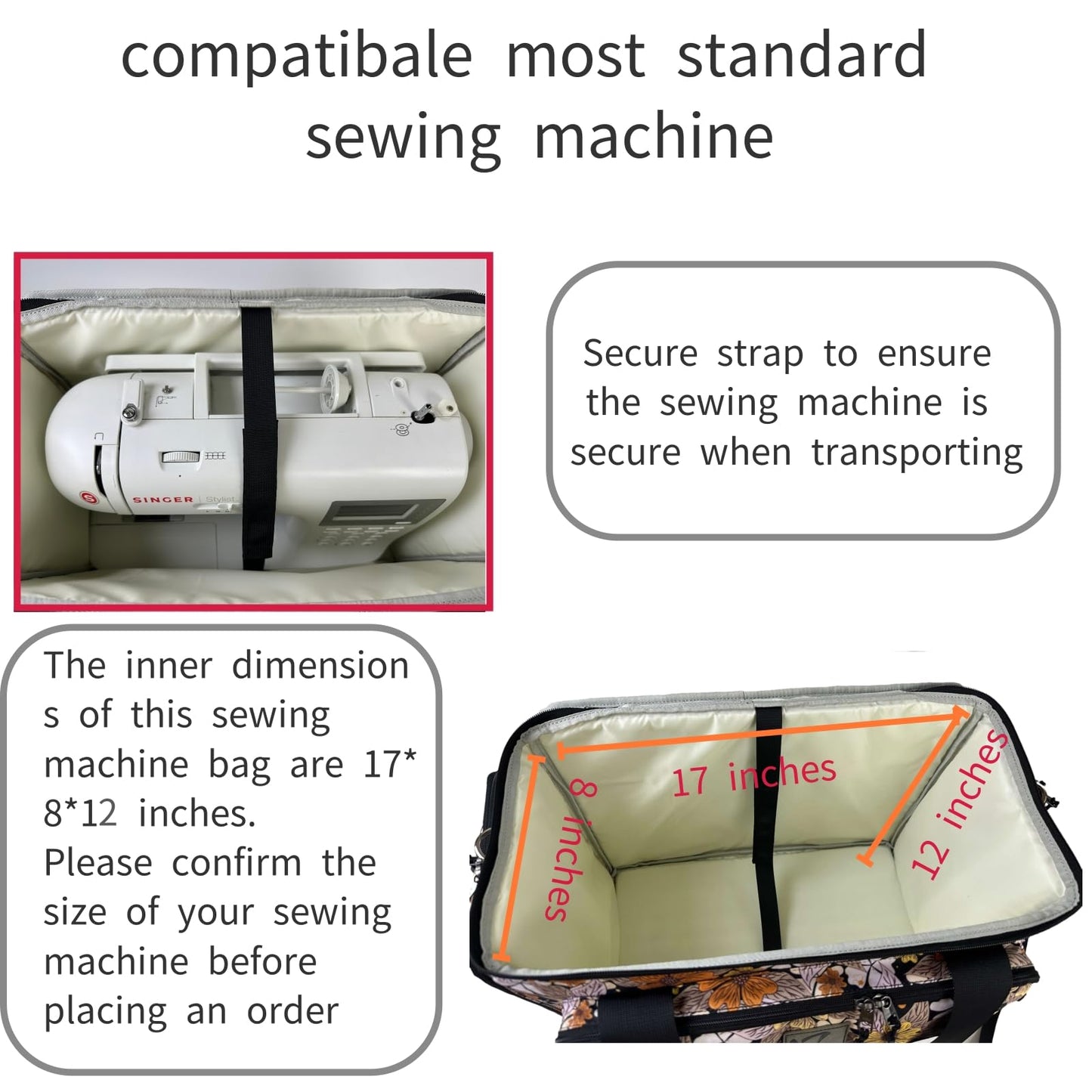 BatlFrist Rolling Sewing Machine Bag with Five 360-Degree Rotating Wheels,Sewing Machine Carrying Case Fits for Most Standard Sewing Machines,YKK zipper,Hard Bottom Pad (Floral)