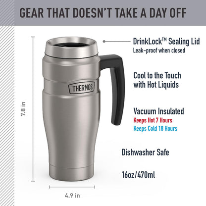 16oz, Commuting THERMOS Stainless King Vacuum-Insulated Travel Mug with Handle - Matte Steel - Thermos Tumbler for Hot